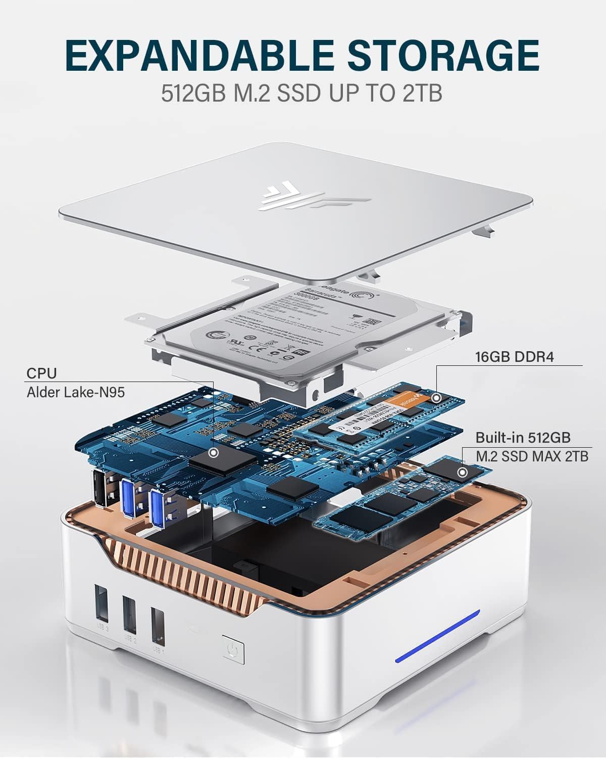 Gk3Plus Mini PC with Windows 11Pro, 16GB RAM 512GB M.2 SSD Mini Computers,12Th Gen Alder Lake N95 (Up to 3.4Ghz) Micro PC, 2.5''SSD, Gigabit Ethernet,4K Uhd,Wifi,Bt,Vesa/Home/Business Small Pc